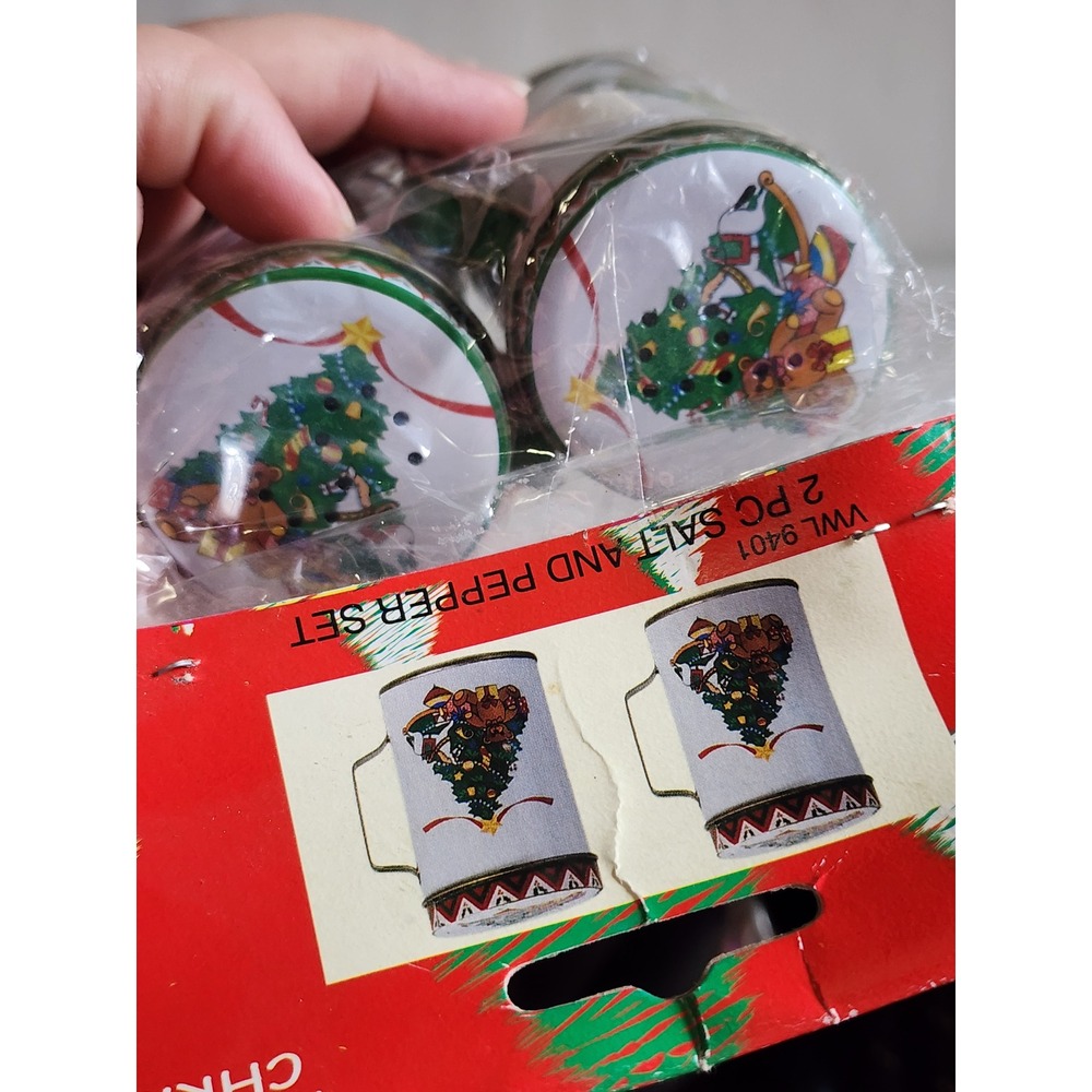 Vintage Christmas Tin Salt and Pepper Shaker Set Holiday Tree Teddy Bear - Picture 3 of 3